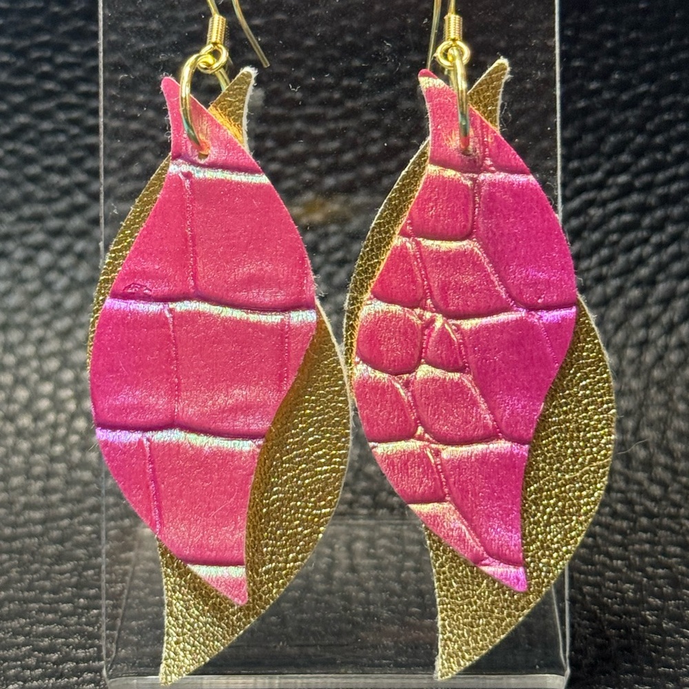 Pink and Gold Faux Leather Earrings
